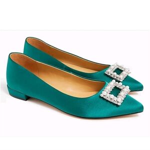 NIB J. Crew Teal Satin Flats with Pearl Detail SZ 8